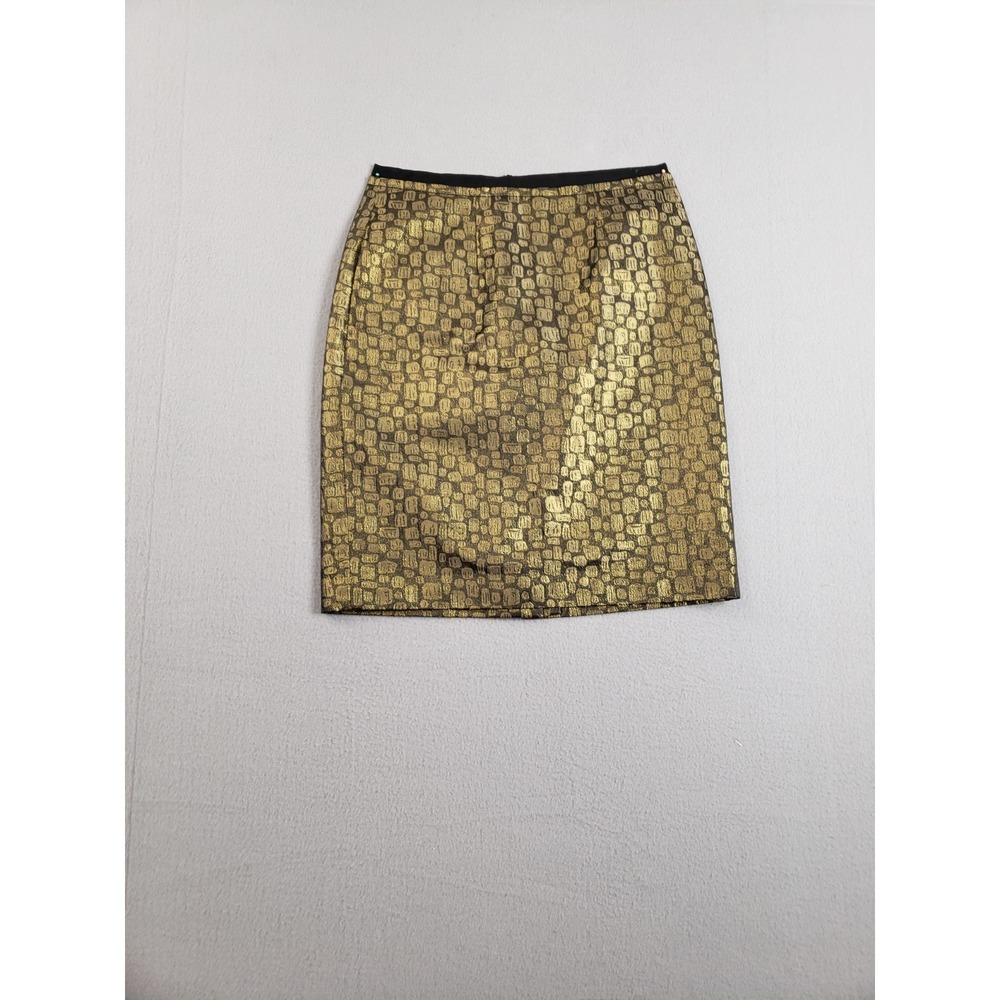 Loft Women Mini Skirt 0 Metallic Gold Black Geometric Print Zip Back Slit Party